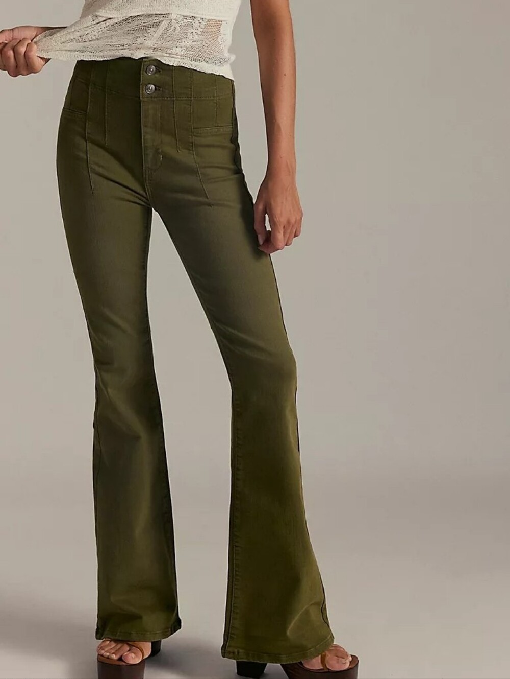 Free People Jayde Courderoy High-Waist Olive Green Flare Pants 31